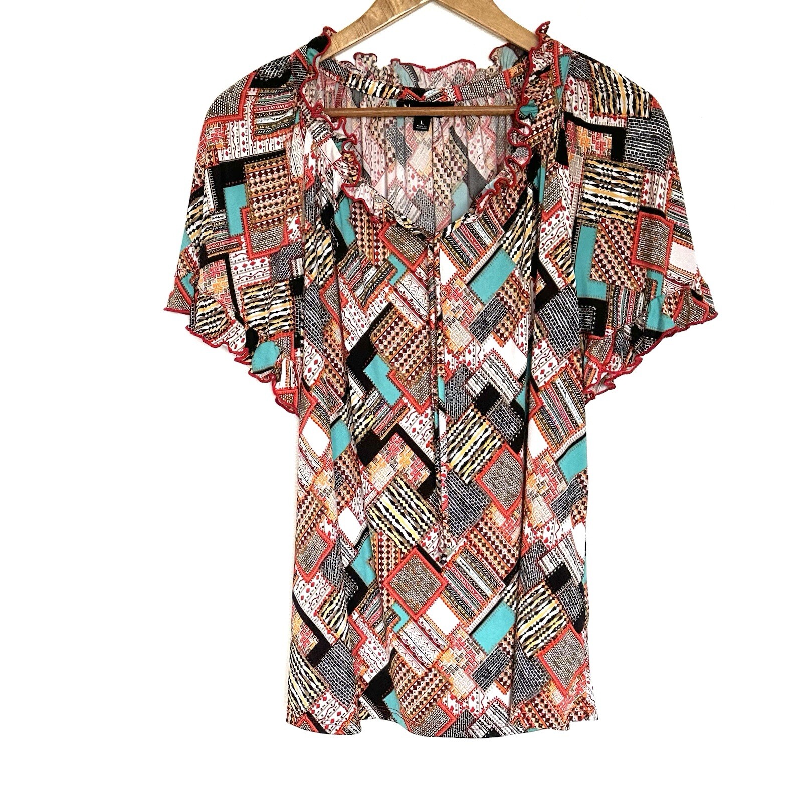 N Touch Women’s Shirt Large Geometric Short Sleeve Blouse Top