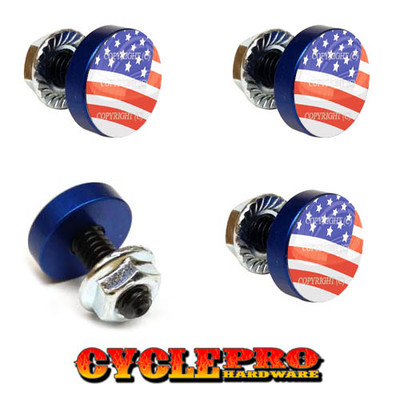 4 Vivid Blue Billet License Plate Frame Tag Bolts -  USA FLAG - 021