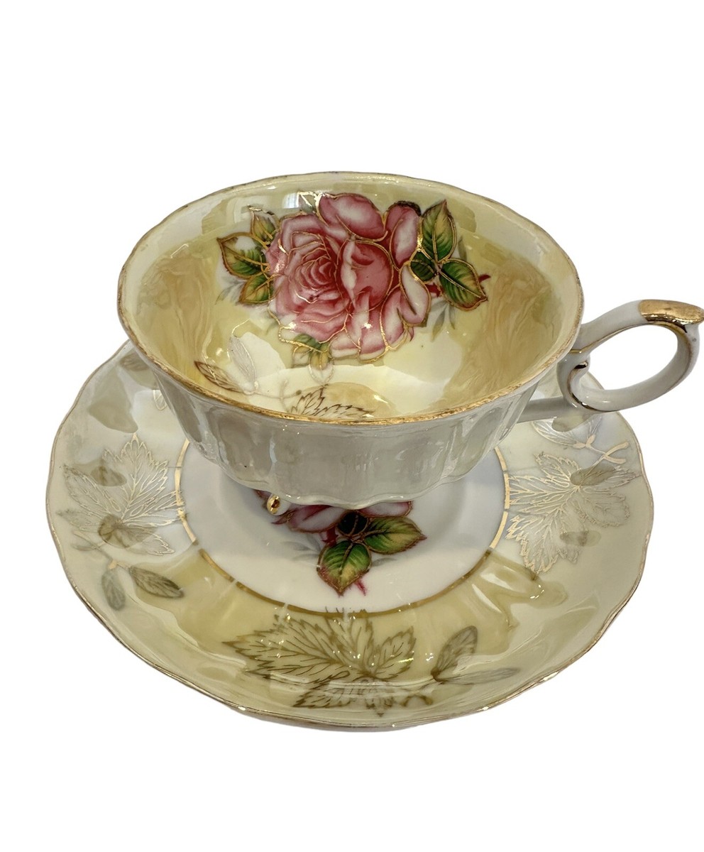 Vintage LM Royal Halsey Teacup & Saucer Iridescent Yellow Pink