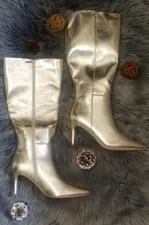 JUSTFAB WOMEN'S TALL KHLOY GOLD BOOTS POINTED TOE STILETTO HEEL NIB SIZE 9