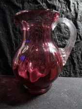 Vintage Cranberry Pitcher Ribbed with Clear Handle 5" Tall