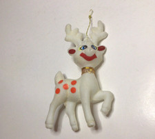 Flocked White Reindeer Ornament Sticker Eyes Red Dots Gold Collar 5 1/4 Inch Vtg