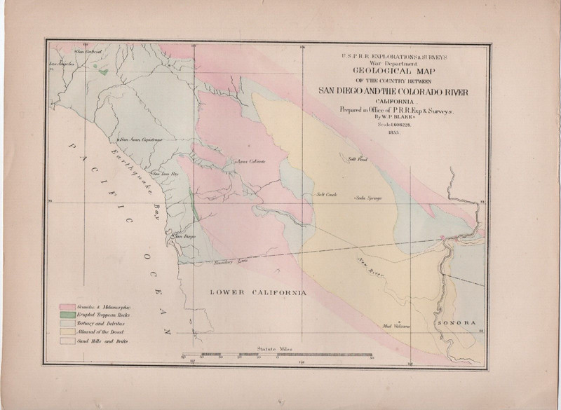 1850s U.S.P.R.R. Survey Color Map of area between San Diego & Colorado River