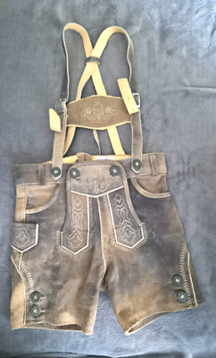 Isar-Trachten Jungen Lederhose kurz Wildleder grau mit Motiv Hosenträger Gr. 110