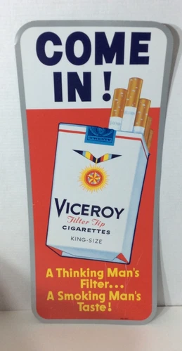 Vintage tin Viceroy cigarette sign, COME IN!, A Thinking Man's Filter, AS IS