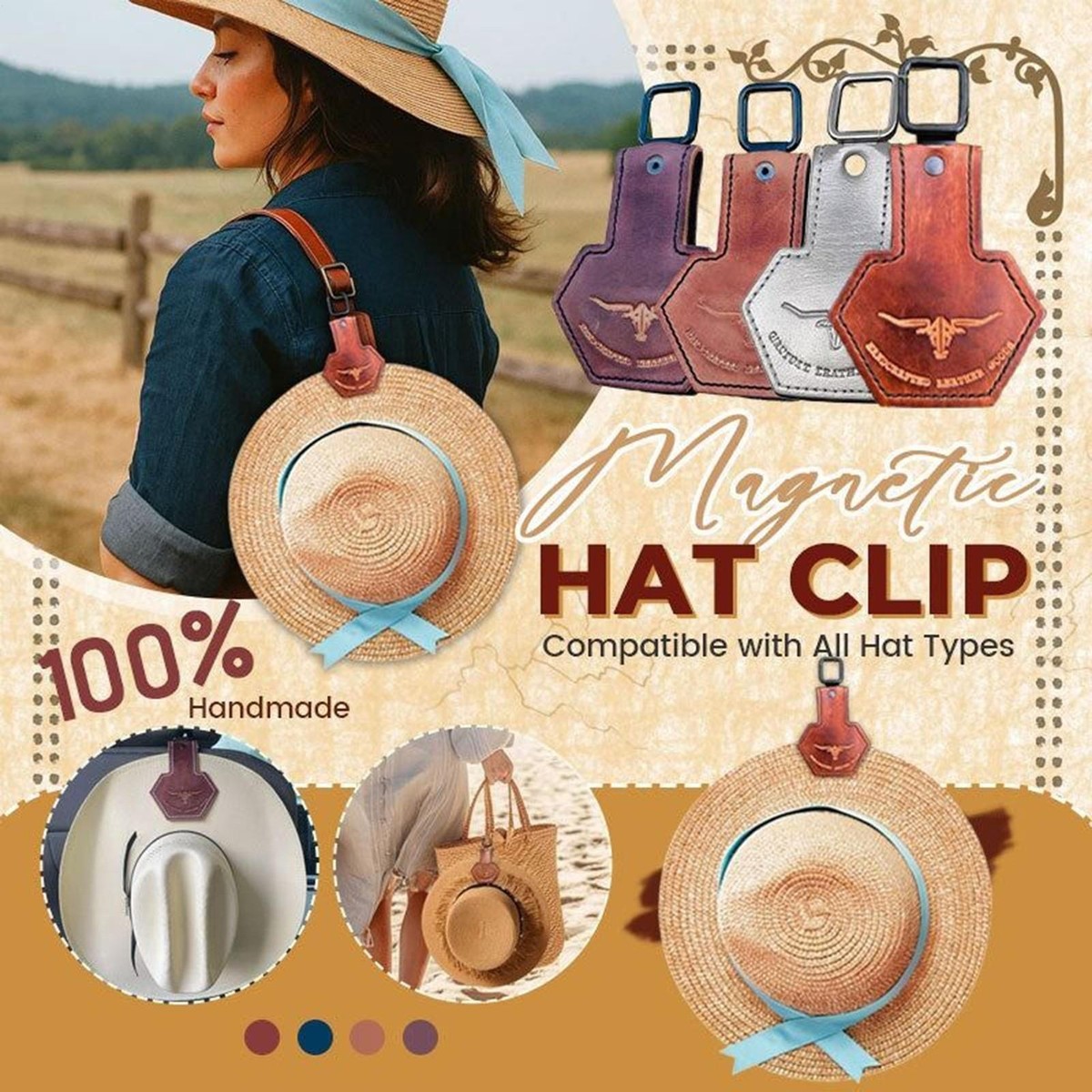 Clip Porta Cappello Magnetico In Pelle Da Cowboy - Organizzatore Da Borsa