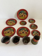 12 Pc Vintage Disney Metal Toy Dishes 1940s Tin Litho Mickey Mouse Helpmates