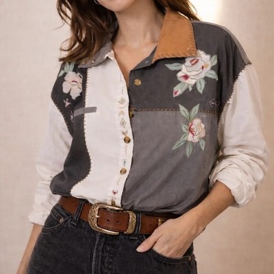 Together Women's Patchwork Embroidered Button-Up Shirt, Size L, NWT