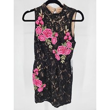 As U Wish Womens Sz S Mini Dress Black Lace Floral Embroidered Sexy NEW