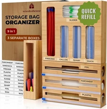Bamboo Storage Bag Organizer, 9 in 1 Sandwich Bag Organizer, Aluminum Foil 