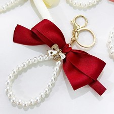 Fashion Ribbon Pearl Keychain, Pearl Beaded Metal Bowknot Handbag Ornament