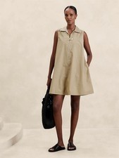 Banana Republic Dress Medium 100% Cotton Tan Striped Trapeze Mini Sleeveless