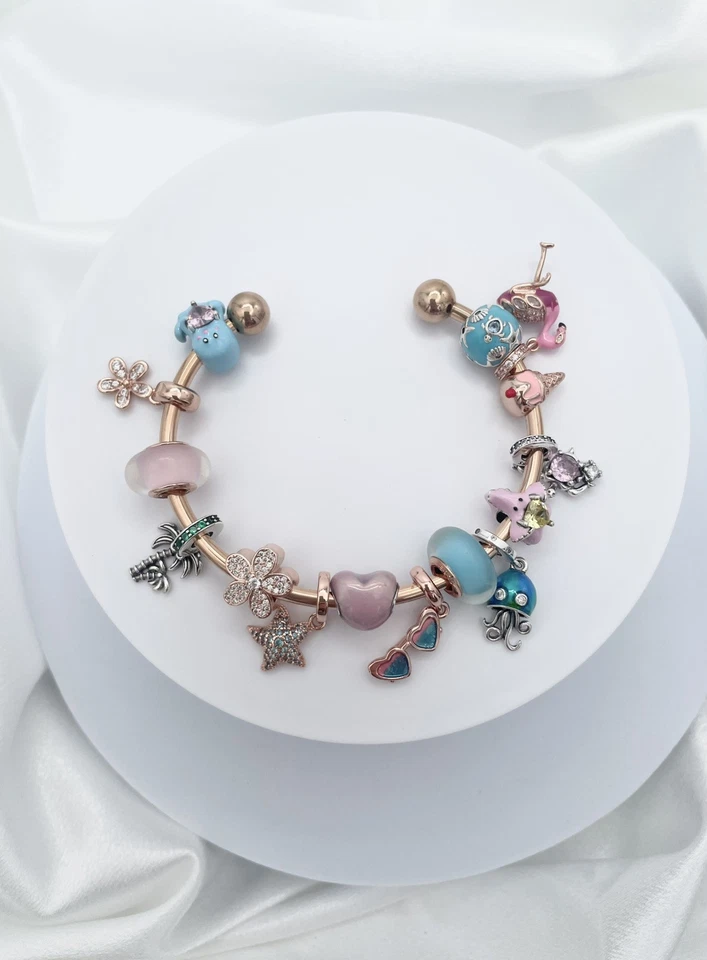 Linx Rose Gold Open Bangle with Pink and Blue Themed Charms - Image 2 of 4