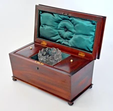 ANTIQUE VICTORIAN MAHOGANY TEA CADDY inc MIXING GLASS BOWL