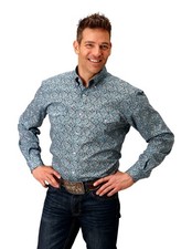 Roper Western Shirt Mens L/S Print Button Blue 03-001-0325-4025 BU