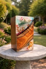 Handmade Wooden  Resin Urn Box with Real Flowers  Memorial Ashes Box Keepsake