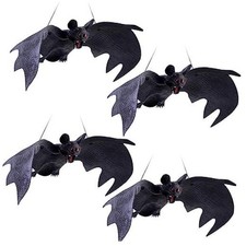 4 Pack Halloween Hanging Rubber Bats - Realistic Looking Spooky Flying Bats
