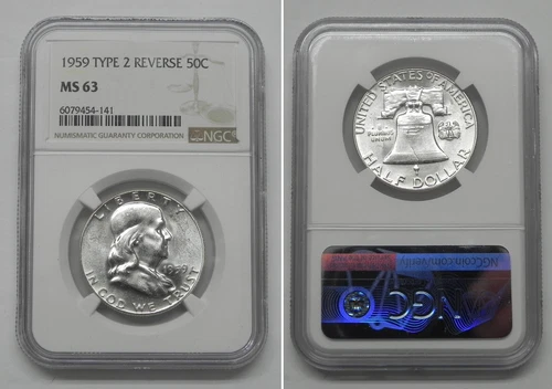 1959 Franklin Half Dollar 50c, NGC MS63, Type 2 Reverse  #4141