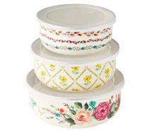 Pioneer Woman ~ PAINTED MEADOWS ~ Three (3) Enamel on Steel Bowl Set w/Lids