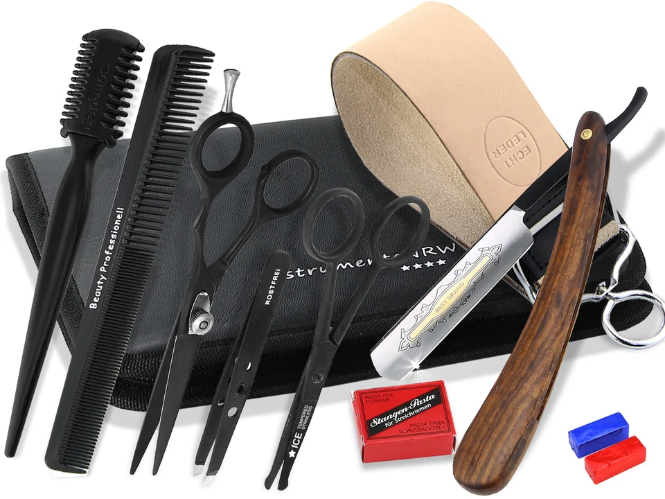 Rasiermesser-Set Paste Solingen 9er Set Echt Leder Abziehleder Riemen Haarschere