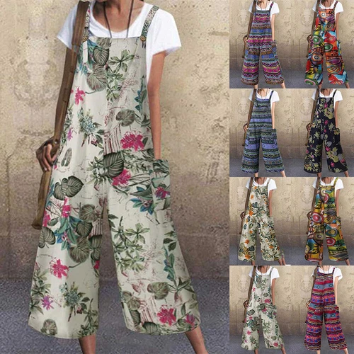 Damen Print Jumpsuit Weite Bein Latzhose Trägerhose Lose Freizeit Sommer*Overall - Bild 2 von 34