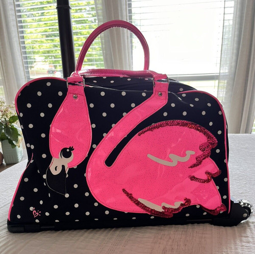 Justice Bag Polka Dot Flamingo Sequin Carry On Luggage Travel Lighted Wheels