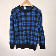 Vintage Crewneck Sweater Blue Black Buffalo Check Plaid Adult Size L XL