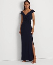 Lauren Ralph Lauren Jersey Off-the-Shoulder Side-Slit Column Gown Women's 6 Navy