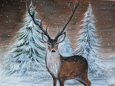 Acryl / Acrylfarben - Malplatte Hirsch im Wald Schnee Winter / Kunstwerk Unikat