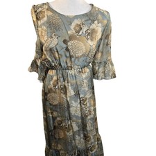 Le Ragazze Floral Bird Print Fairy Bell Sleeve Luxury Silk Midi Dress