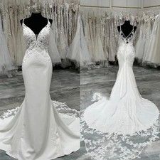 Mermaid Wedding Dresses Spaghetti Straps V Neck Train Satin Elegant Bridal Gowns