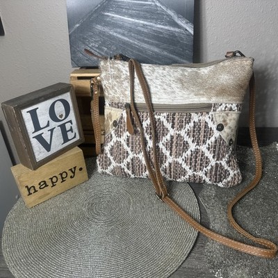 MYRA BAG Cowhide Leather & Canvas Weaved Zip Convertible Wristlet Crossbody NWOT