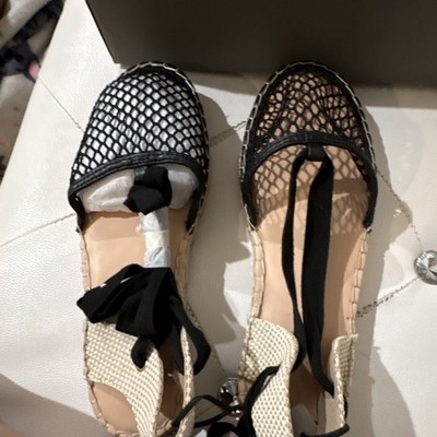 LOFT Mesh Espadrille Flats Black Round Toe Tie Closure Bow Ankle Strap US 8.5