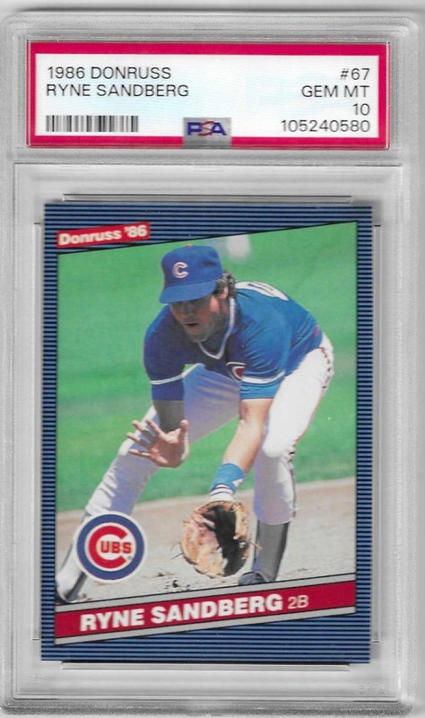 1986 Donruss Ryne Sandberg #67 PSA 10 Gem Mint Graded Baseball Card.