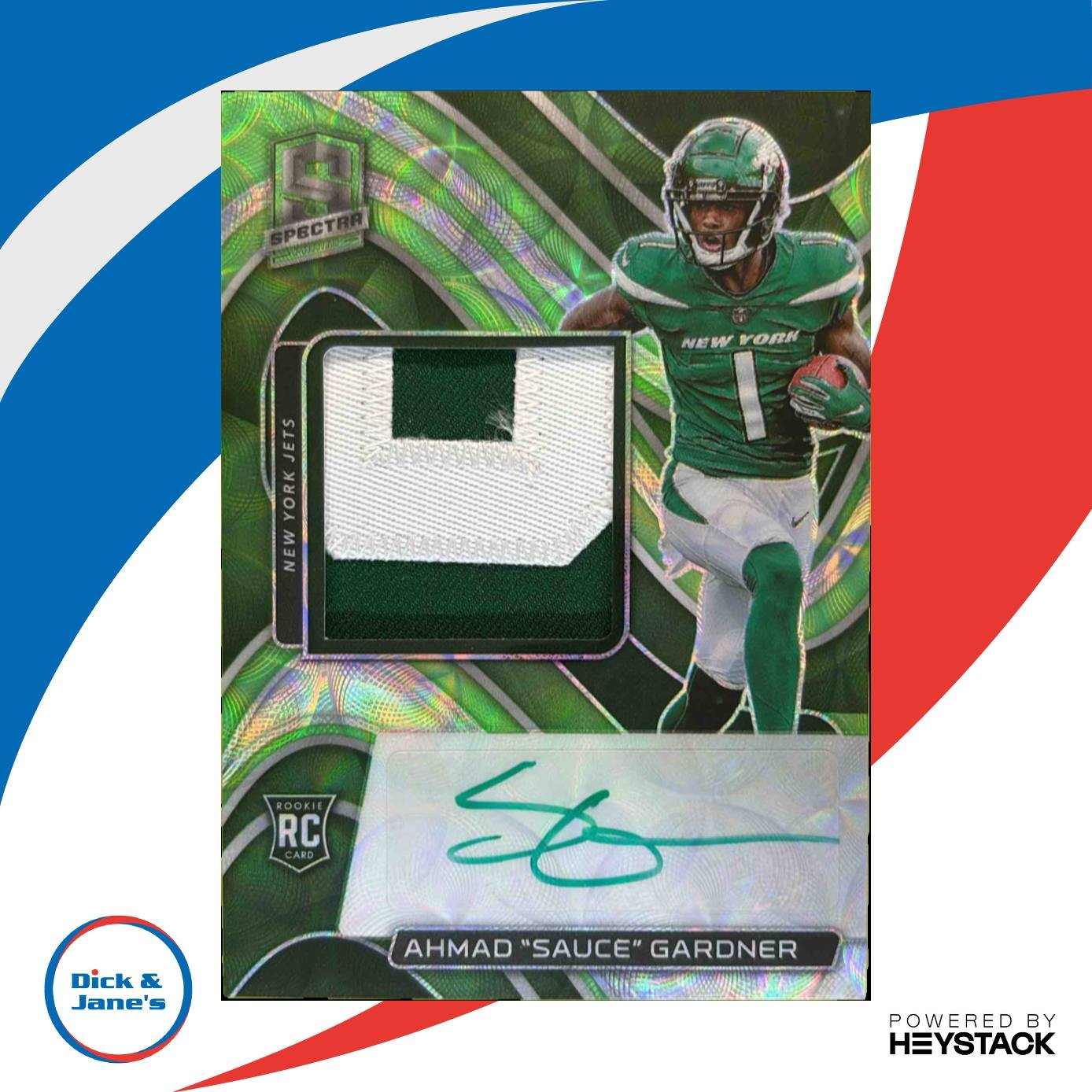 2022 Spectra Ahmad "Sauce" Gardner Rookie Patch Auto Neon Green /35 #203 Jets