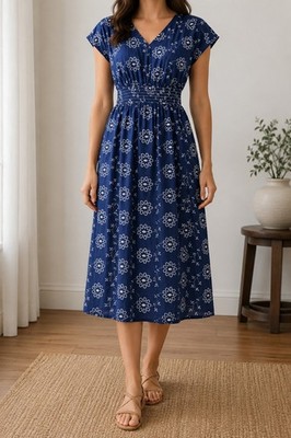 Beautiful Blue Embroidered Floral Chambray Midi Fit & Flare Dress Size 10