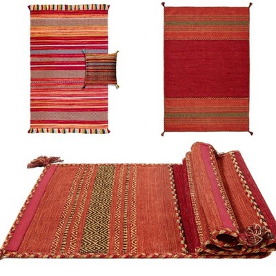Kelim Teppiche für Wohnzimmer Rot Flur Läufer und Kissen Tribal Design Quasten
