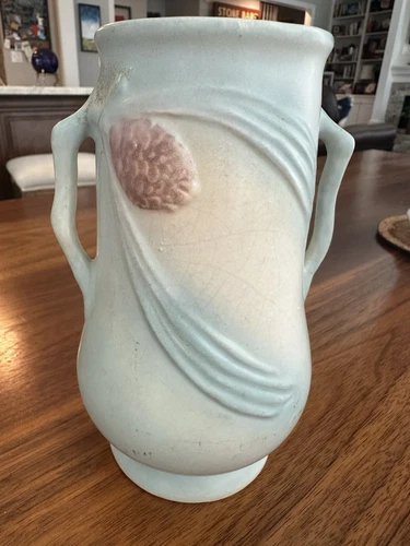 Vintage Hull Pottery USA Pinecone 6 3/4" Double Handled Light Blue Vase Rare