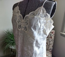 1980s Lucie Ann II Nightgown Size 38 L White Jacquard Lace Slip USA Vintage