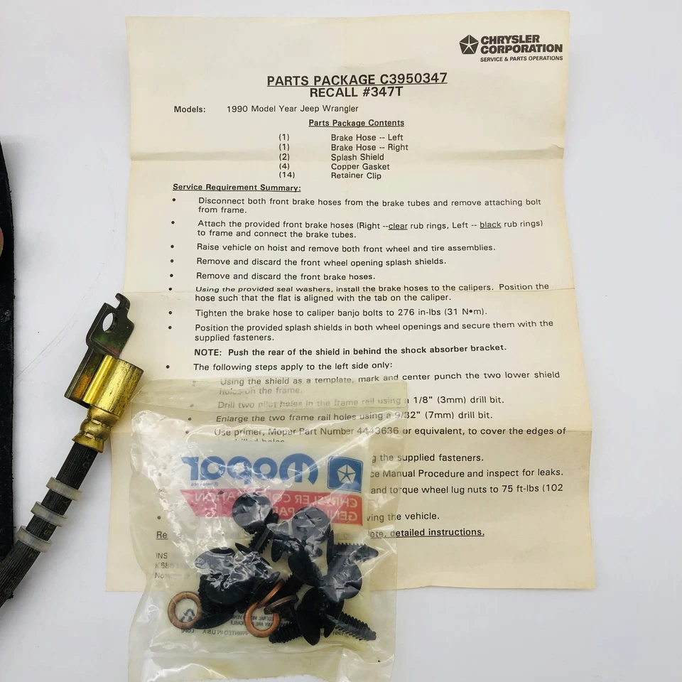 Kit de repuesto de manguera de freno Mopar C3950347 fabricante de equipos originales nuevo abierto Jeep Wrangler 1990 Foto 3 de 4