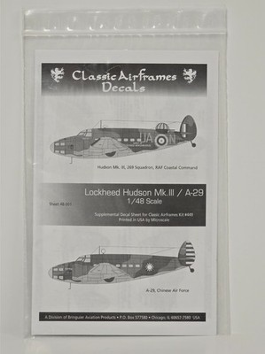 Classic Airframes Decals 1/48 Scale Lockheed Hudson Mk III/ A-29 Sheet 48001