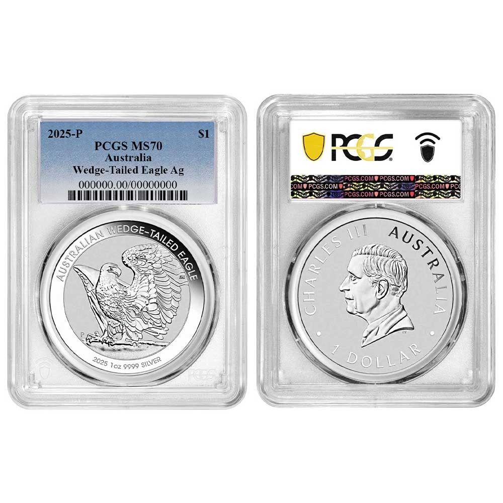 Australia 2025 $1 1-oz Silver Wedge Tailed Eagle PCGS MS70 Blue Australia 2025 $1 1-oz Silver Wedge Tailed Eagle PCGS MS70 Blue