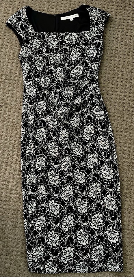 Anthea Crawford Women’s Size 10 Black/White Floral Sheath Dress Square Neck Zip