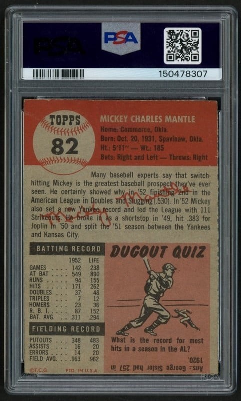 1953 Topps #82 Mickey Mantle PSA 3 VG view 2