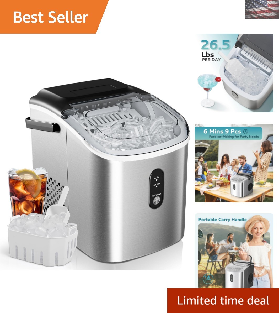 Compact Silver Ice Maker – 9 Cubes in 6 Mins, Perfect for Home & Travel