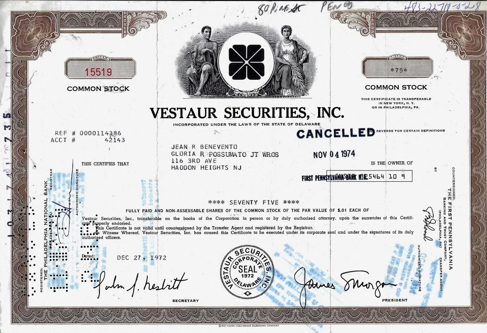 Vestaur Securities Inc., 27.12.1972 - 75 Shares - Stempel Dean Witter - Bild 1 von 1