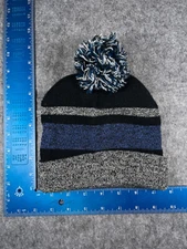 Capelli New York Beanie Toque Adult Medium Blue Gray Stripe Knit Acrylic Pom