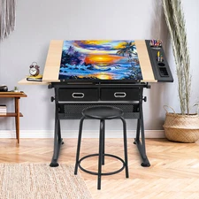 Drafting Drawing Table Tiltable Tabletop, Adjustable Height, Edge Stopper