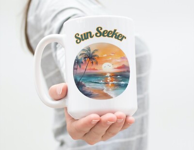 SUN SEEKER Coffee Mug, Summer Vibes 15 Oz Ceramic Cup, Beach Lovers by Mugzan