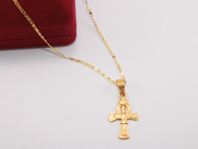 Scepter Ankh Cross Key of Life 18K Gold Necklace Egypt Jewelry crucifix pendant